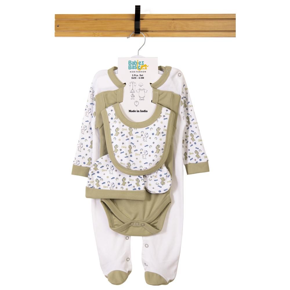 Babies Basic - 5pc Cotton Set - Bib, Romper, Mittens, Cap & Sleepsuit - Be Happy - Pistachio