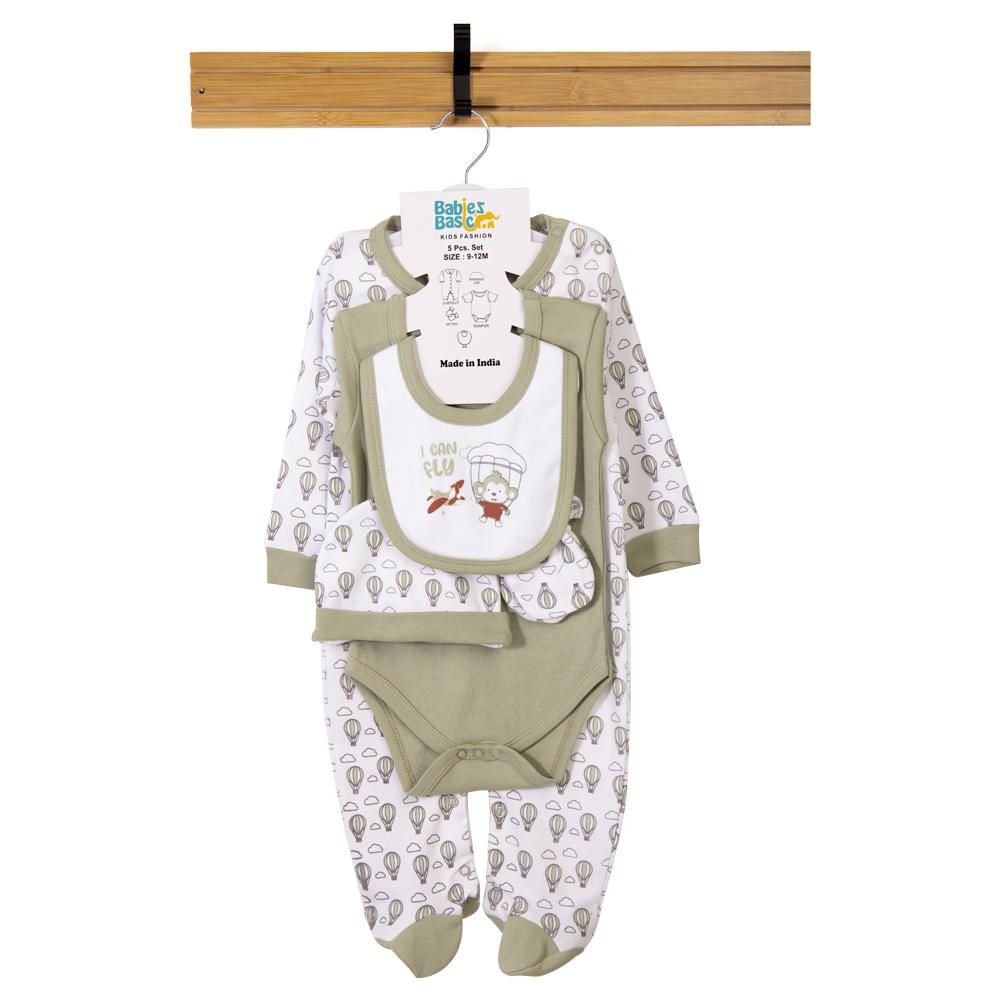 Babies Basic - 5pc Cotton Set - Bib, Romper, Mittens, Cap & Sleepsuit - I can Fly - Pistachio