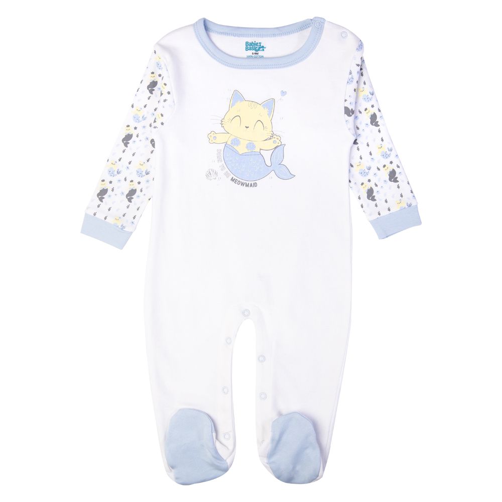 Babies Basic - Printed Long Sleeves Romper/Sleepsuit - White