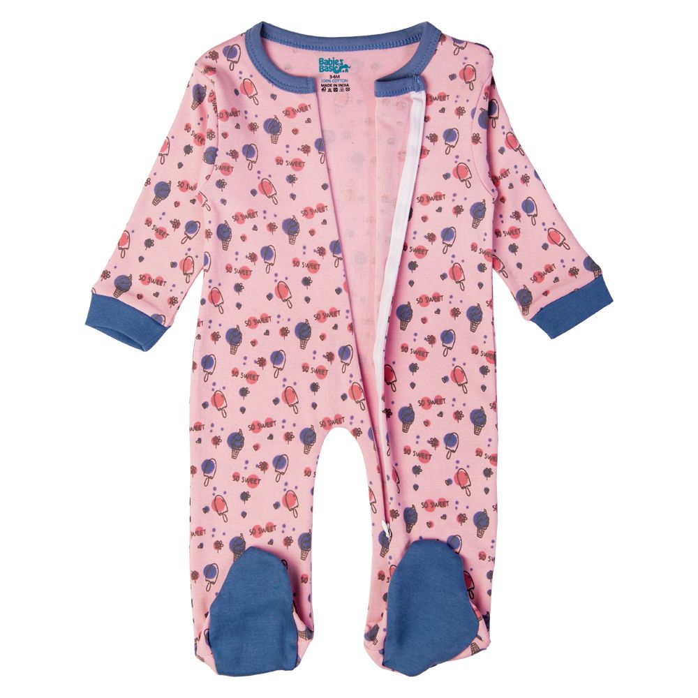 Babies Basic - Printed Long Sleeves Romper/Sleepsuit - Pink