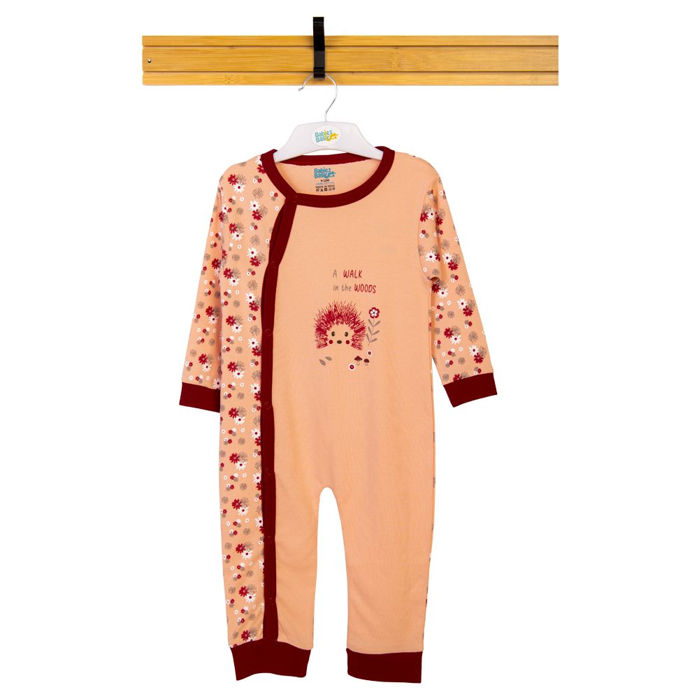 Babies Basic - Printed Long Sleeves Jumpsuit/Romper - Peach