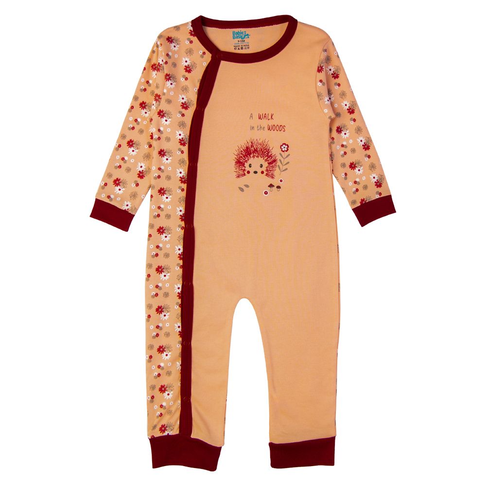 Babies Basic - Printed Long Sleeves Jumpsuit/Romper - Peach