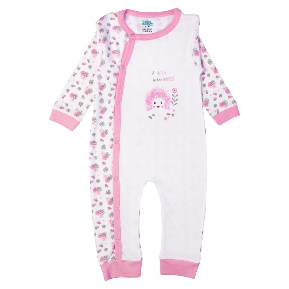 Babies Basic - Printed Long Sleeves Jumpsuit/Romper - White/Pink