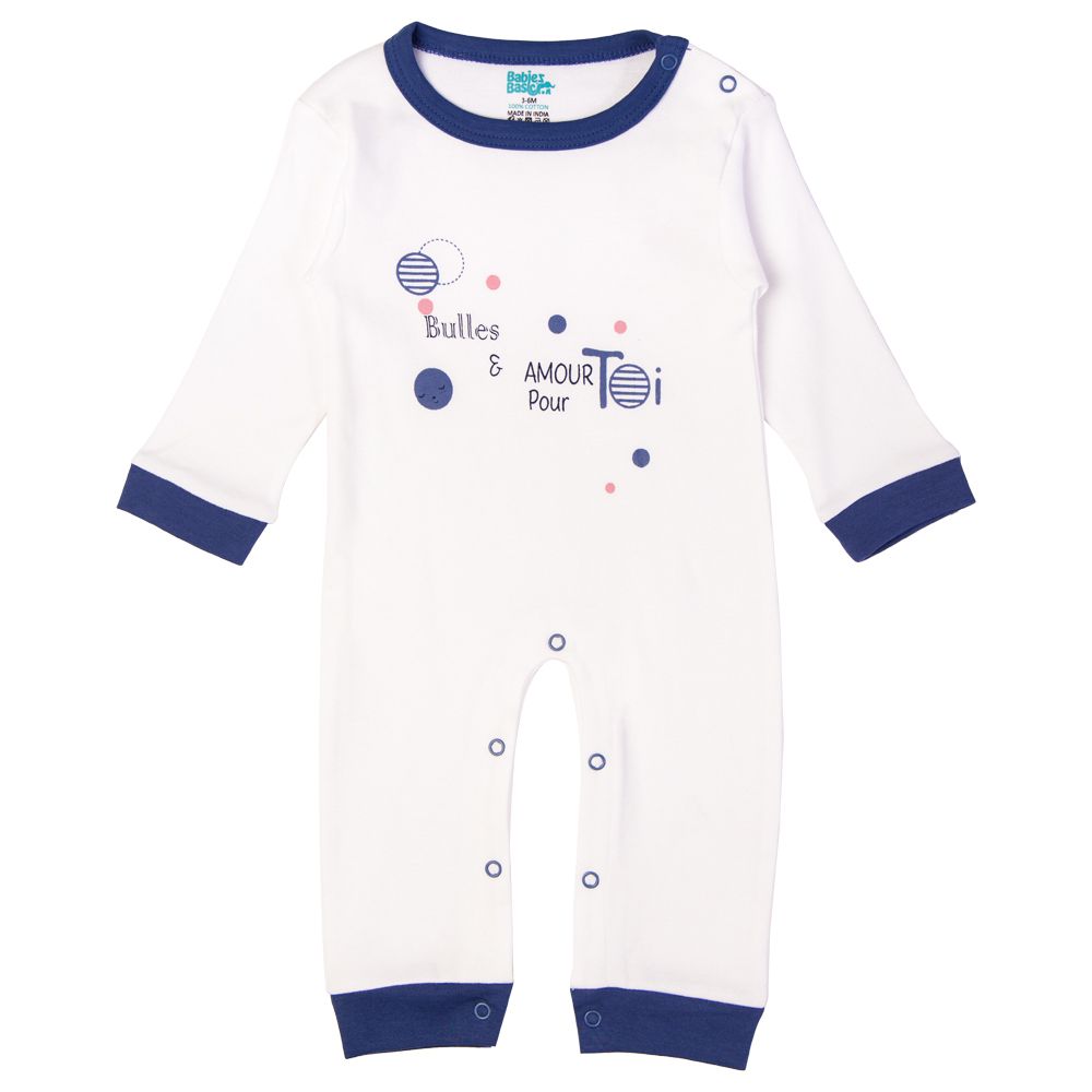 Babies Basic - Printed Long Sleeves Jumpsuit/Romper - White/Blue