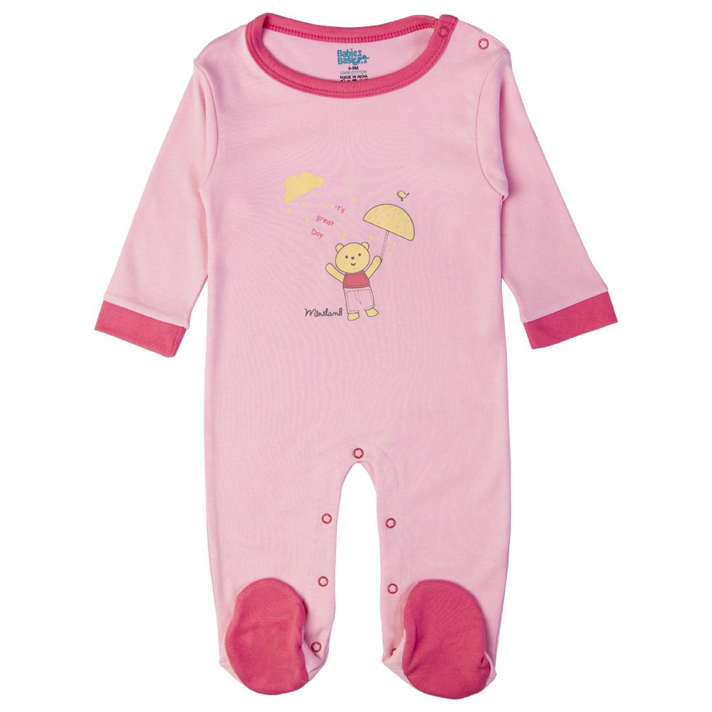 Babies Basic - Printed Long Sleeves Jumpsuit/Romper/Sleepsuit - Dark Pink