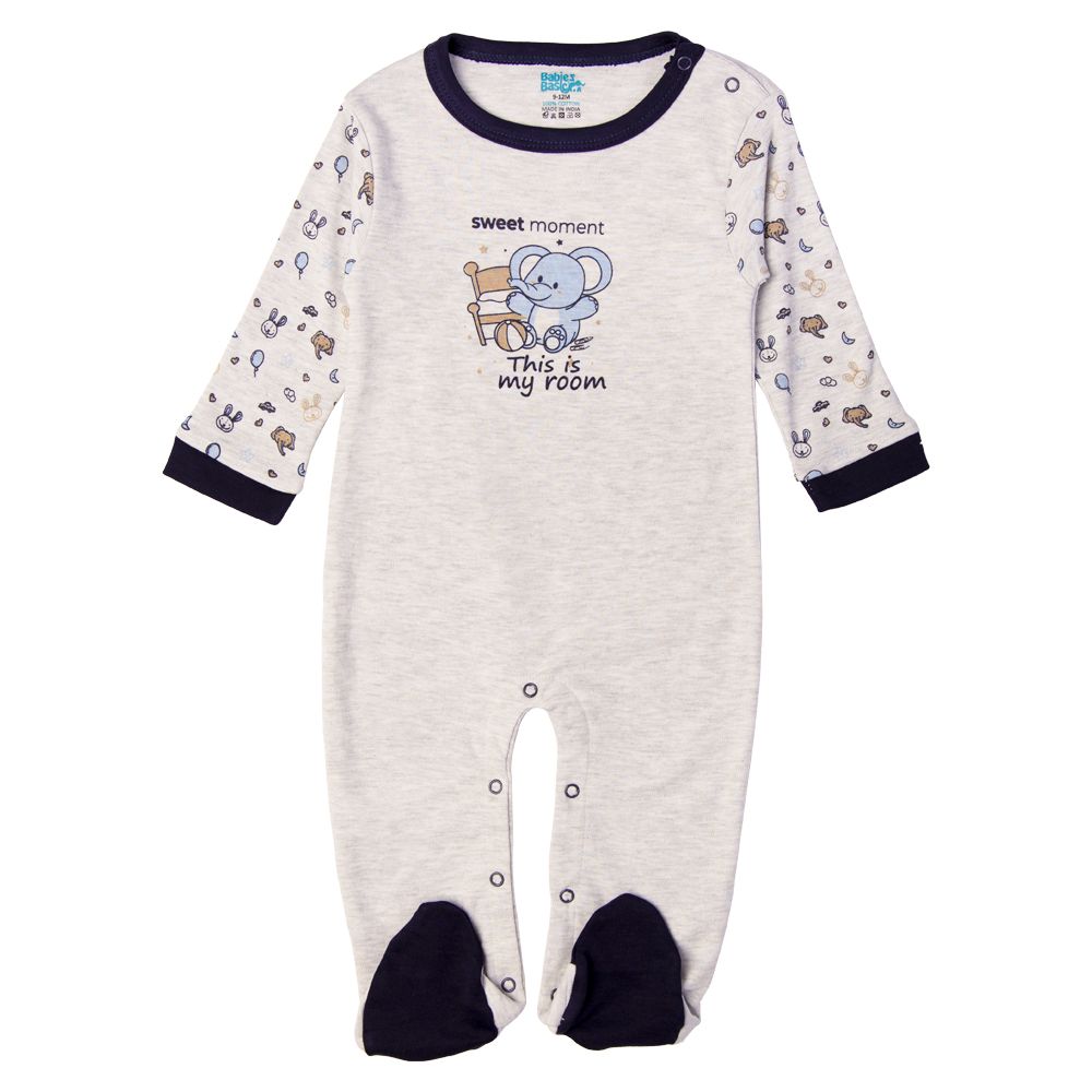 Babies Basic - Printed Long Sleeves Romper - Grey/Blue