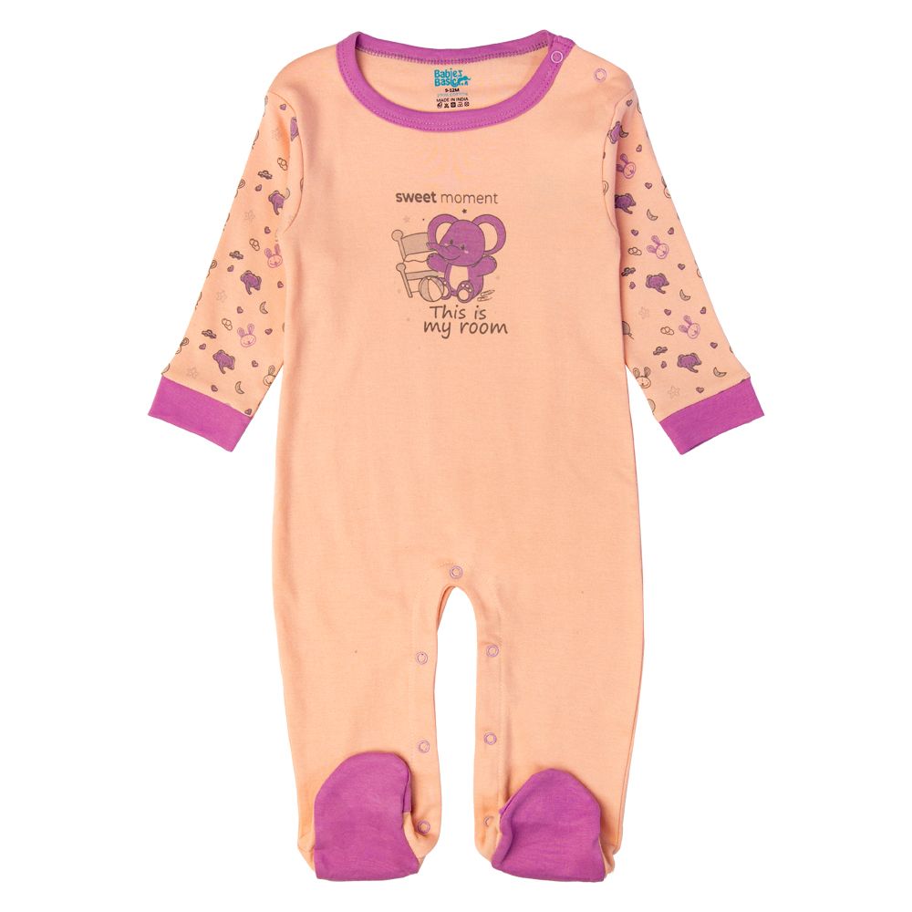 Babies Basic - Printed Long Sleeves Jumpsuit/Romper - Pink/Purple