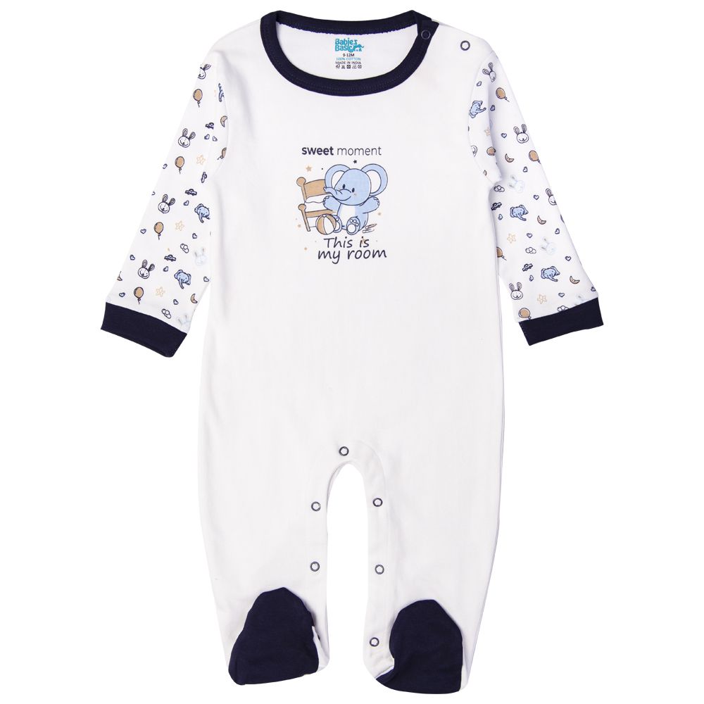 Babies Basic - Printed Long Sleeves Romper - White