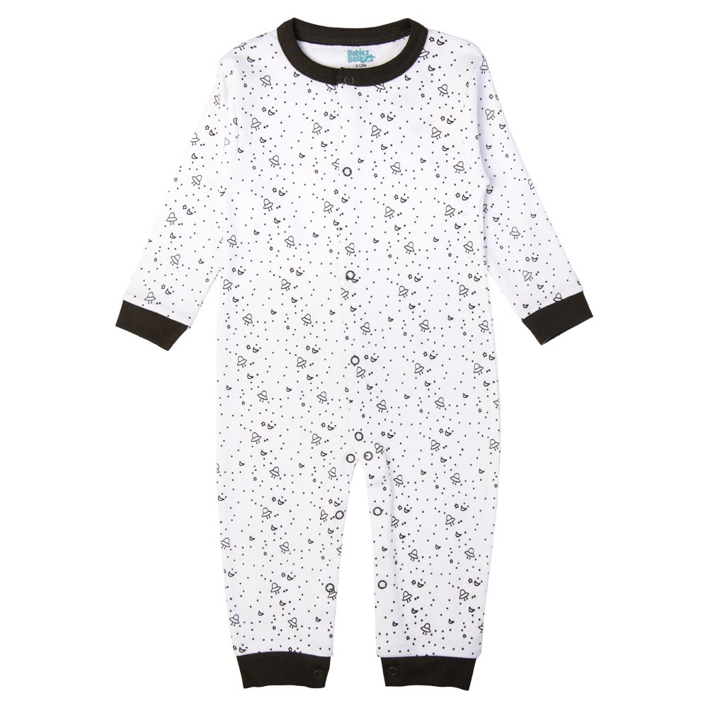 Babies Basic - Printed Long Sleeves Jumpsuit/Romper - White