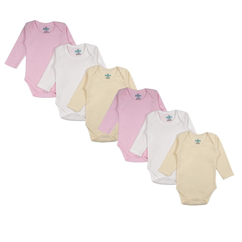 Babies Basic - 6pc-Set - 100% Cotton Girls Long Sleeves Bodysuit_Pink/Lemon