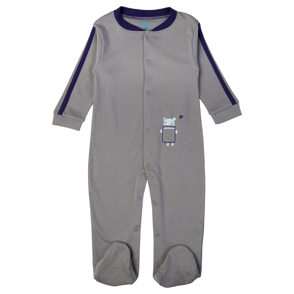 Babies Basic - Printed Long Sleeves Romper/Sleepsuit - Grey/Black