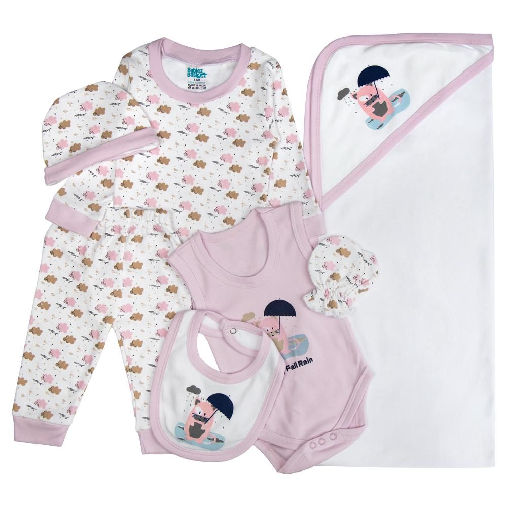 Babies Basic - 7pc Cotton Set - Bib, Romper, Mittens, Blanket, Cap, Top & Pyjama - White/Mouve