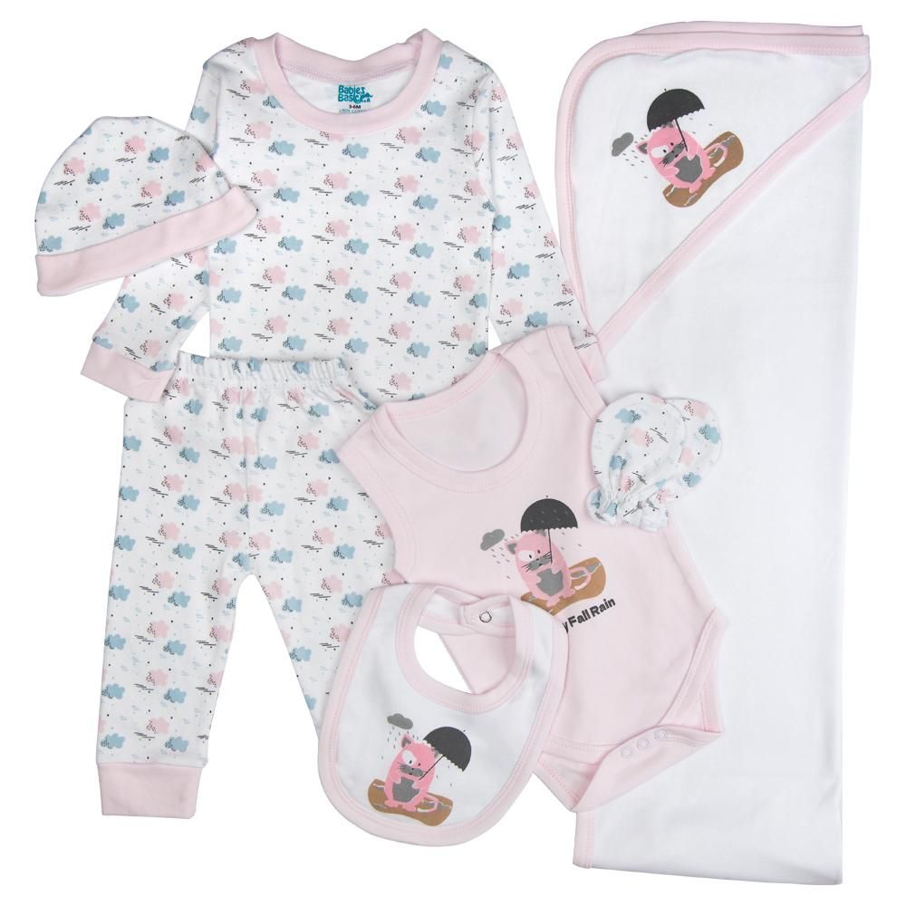 Babies Basic - 7pc Cotton Set - Bib, Romper, Mittens, Blanket, Cap, Top & Pyjama - White/Light Pink