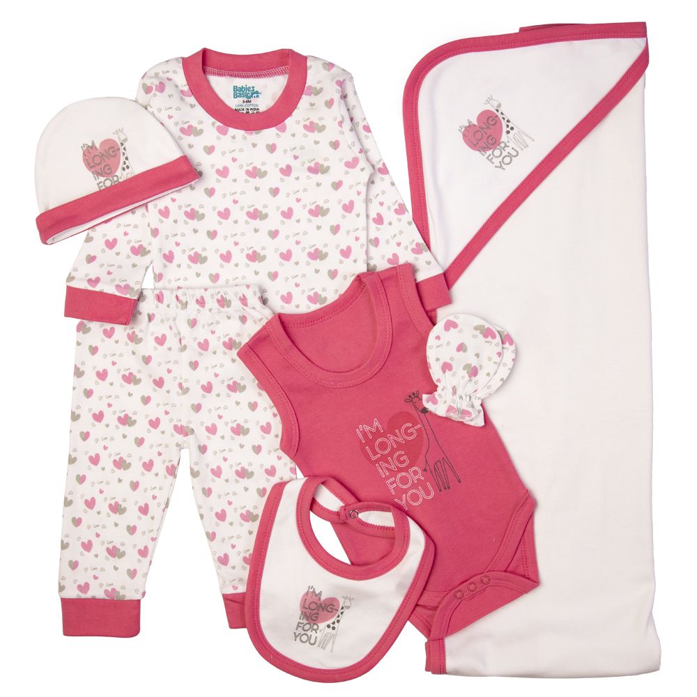 Babies Basic - 7pc-Set - Baby Cotton Gift Set - Heart - Pink/White