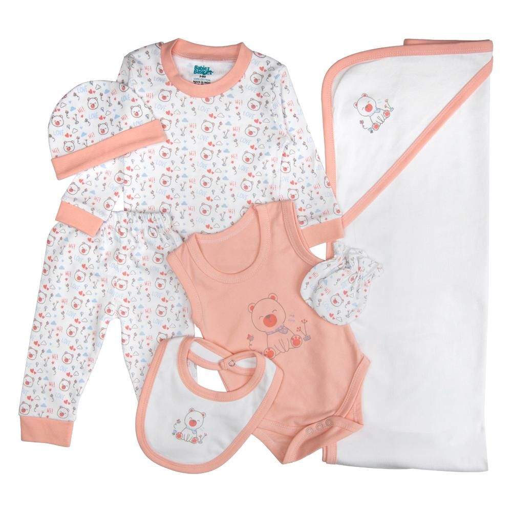 Babies Basic - 7pc Cotton Set - Bib, Romper, Mittens, Blanket, Cap, Top & Pyjama - White/Pink