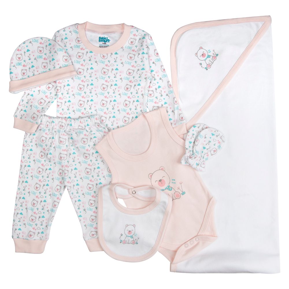 Babies Basic - 7pc-Set - Baby Cotton Gift Set - Teddy Bear - Light Pink