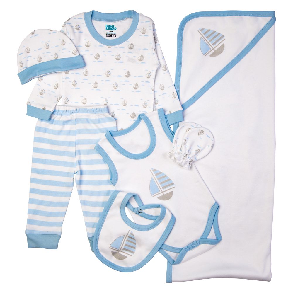 Babies Basic - 7pc-Set - Baby Cotton Gift Set - Boat - Sky Blue