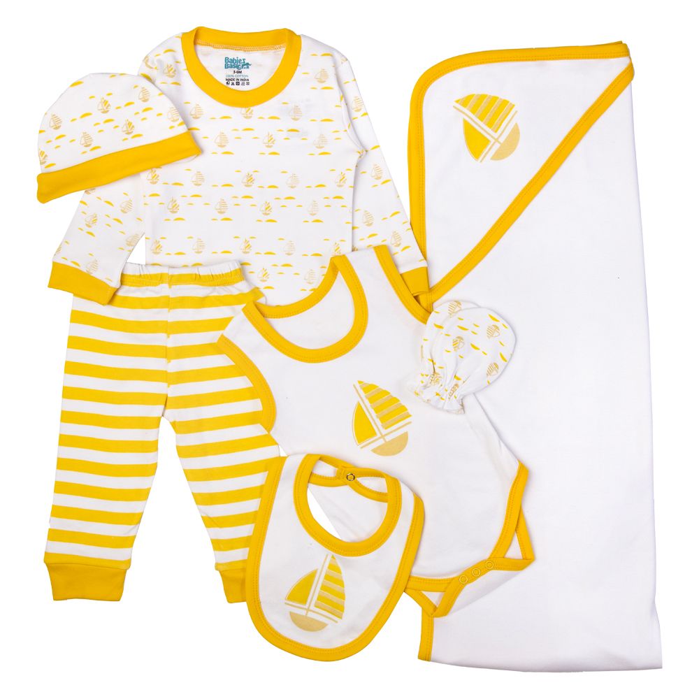 Babies Basic - 7pc-Set - Baby Cotton Gift Set - Boat - Lemon/White