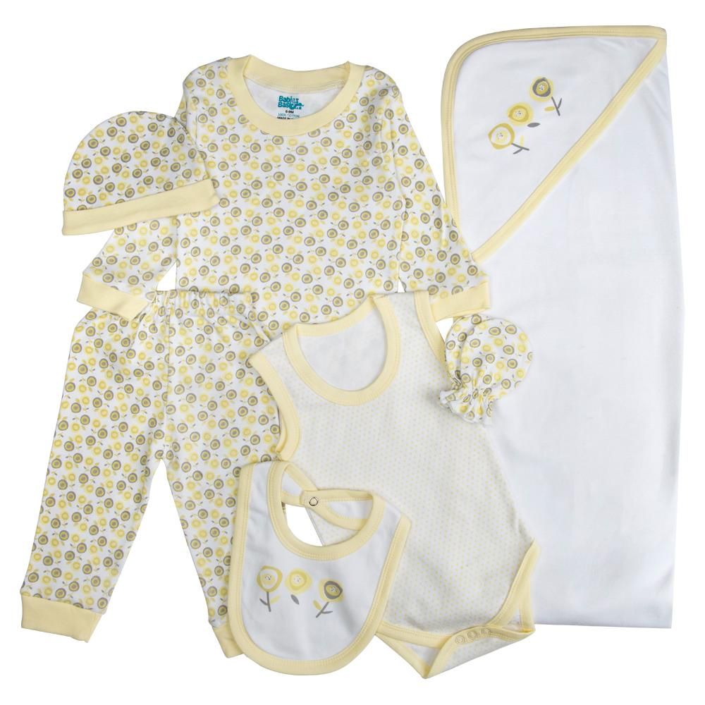 Babies Basic - 7pc Cotton Set - Bib, Romper, Mittens, Blanket, Cap, Top & Pyjama - Flower - Lemon