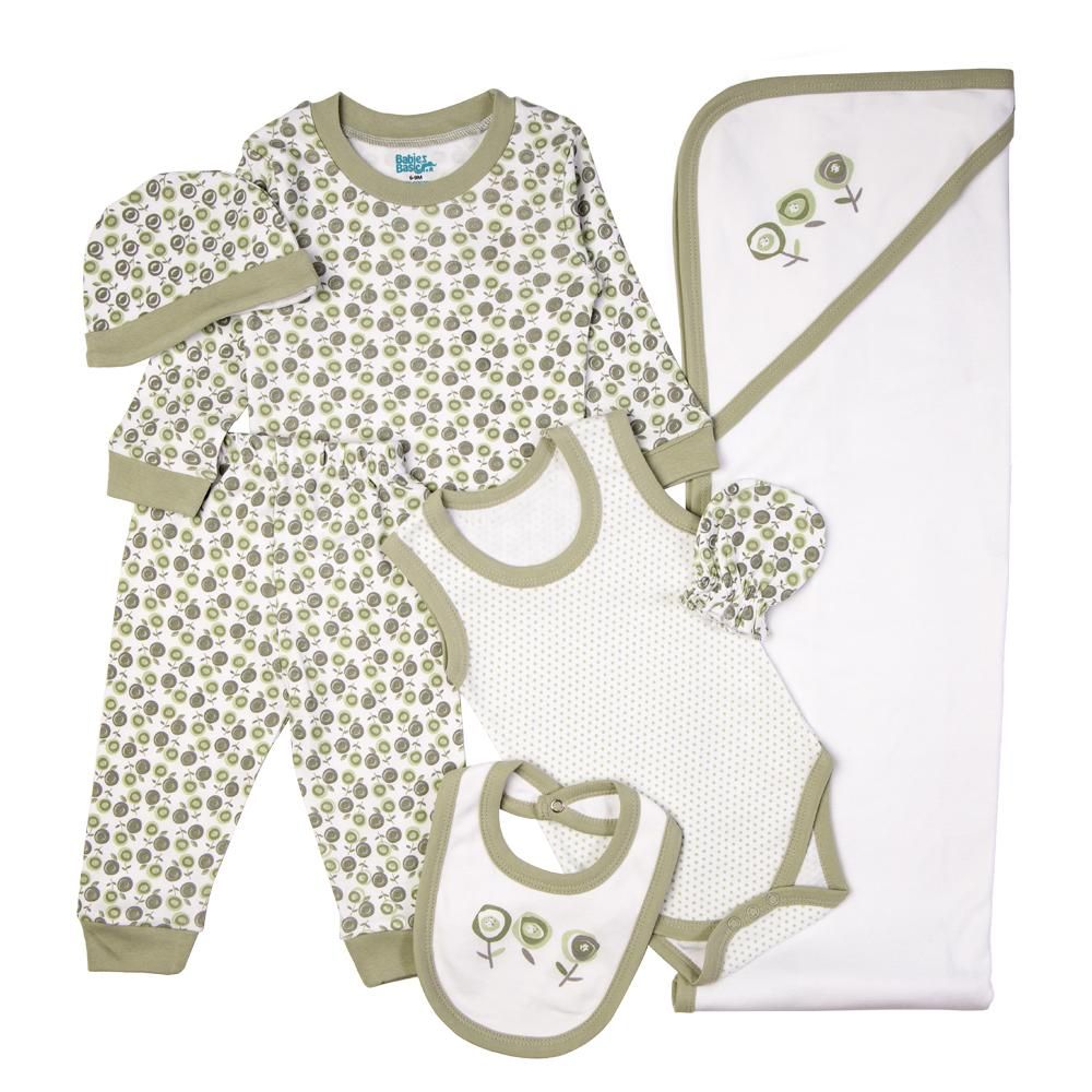 Babies Basic - 7pc Cotton Set - Bib, Romper, Mittens, Blanket, Cap, Top & Pyjama - Pista/White