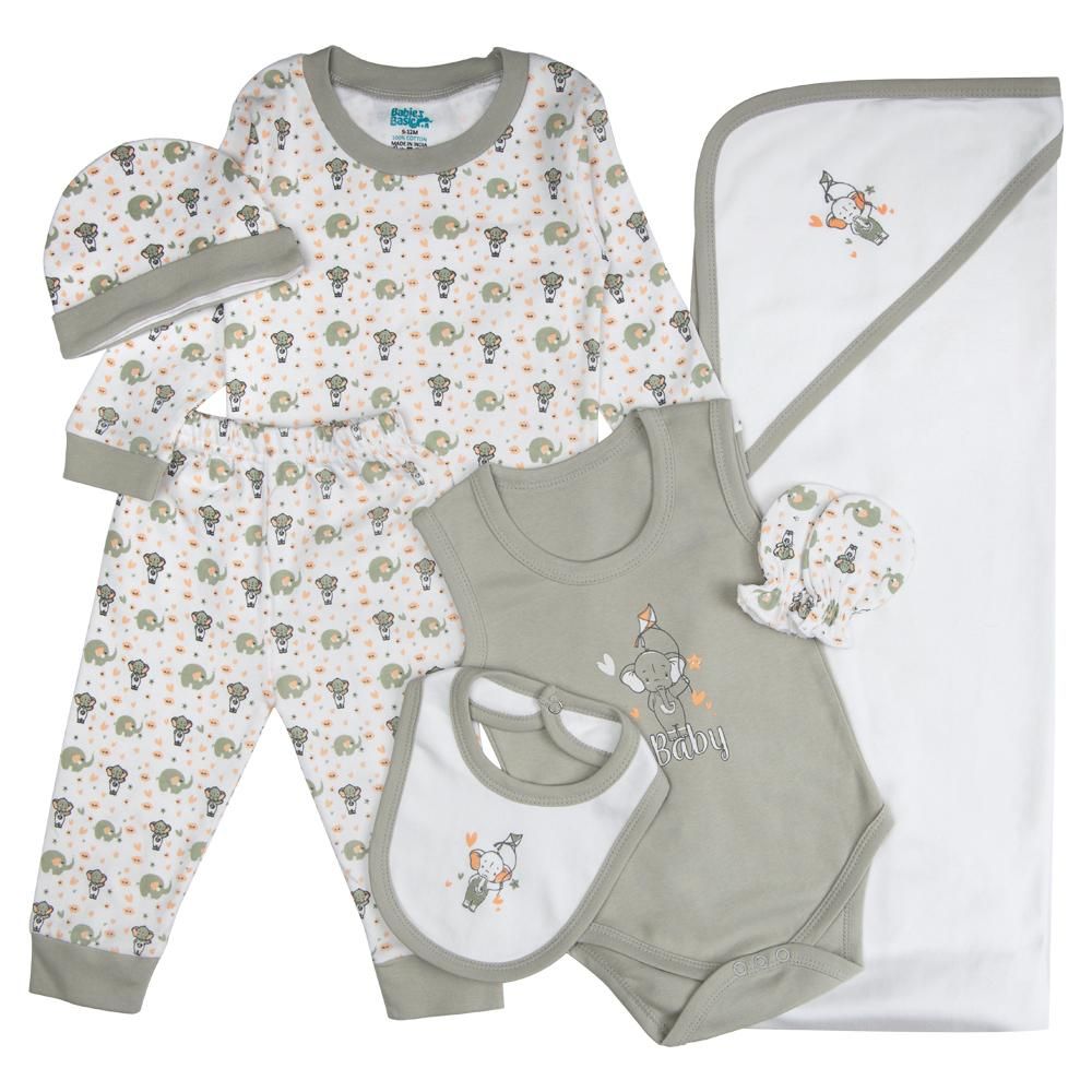 Babies Basic - 7pc Cotton Set - Bib, Romper, Mittens, Blanket, Cap, Top & Pyjama - Grey