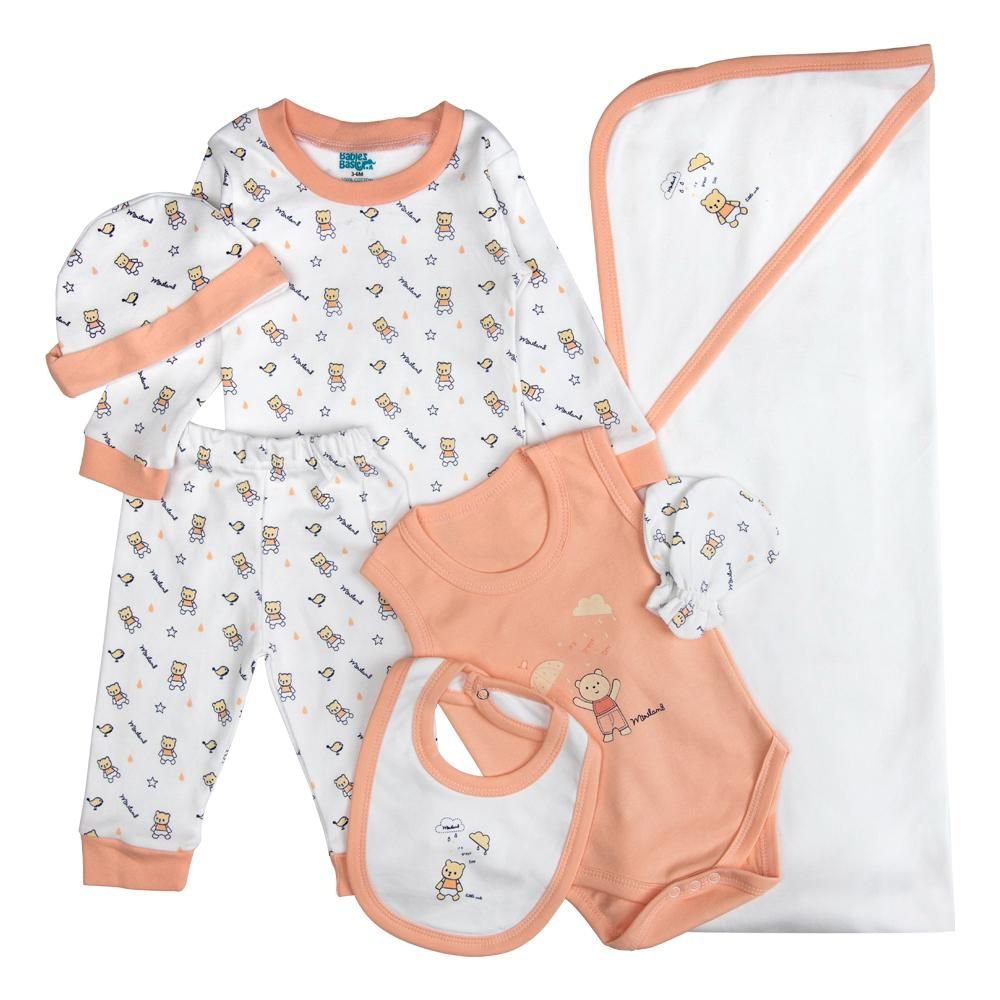 Babies Basic - 7pc Cotton Set - Bib, Romper, Mittens, Blanket, Cap, Top & Pyjama - Teddy Bear - Rose