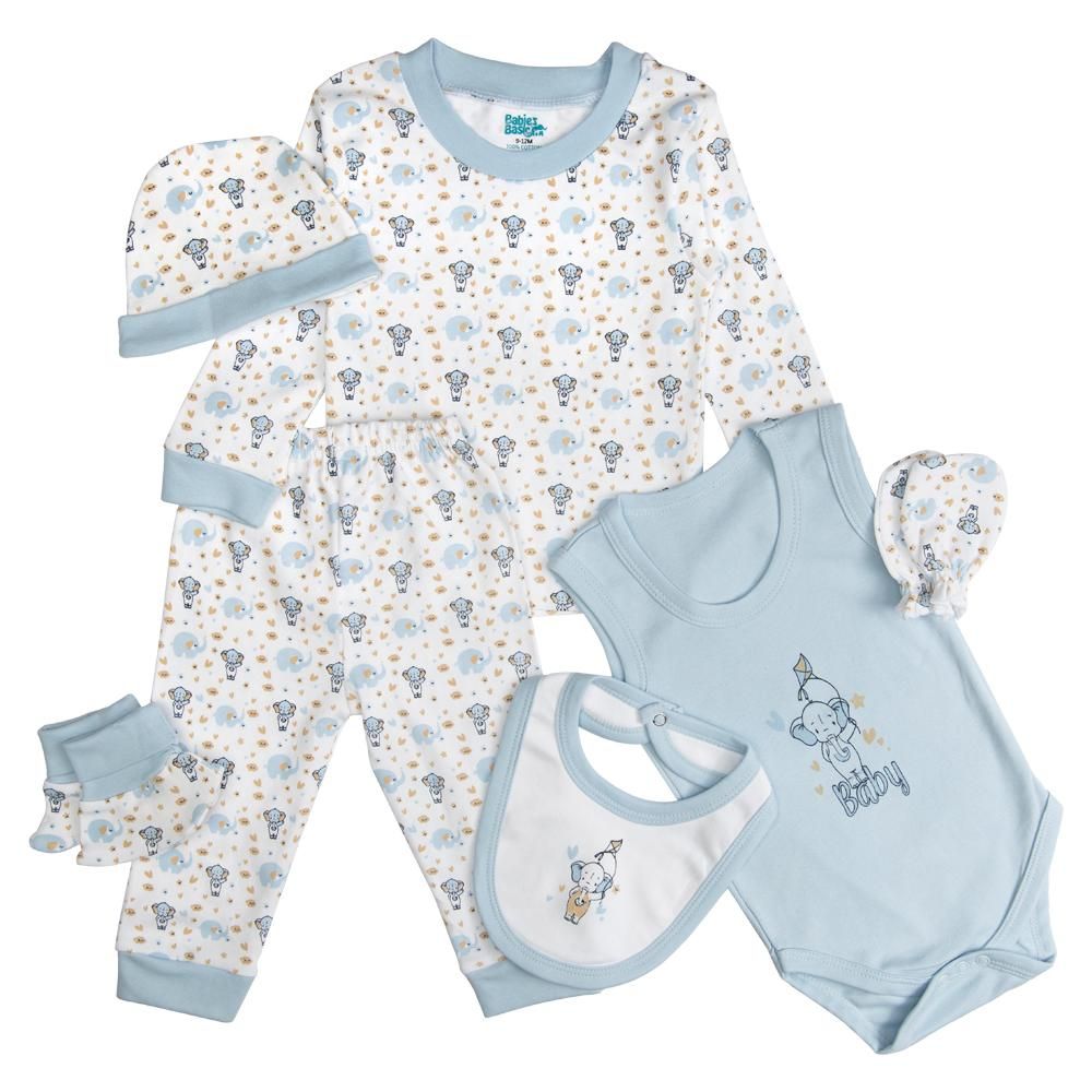 Babies Basic - 7pc Cotton Set - Bib, Romper, Mittens, Socks, Cap, Top & Pyjama - Blue