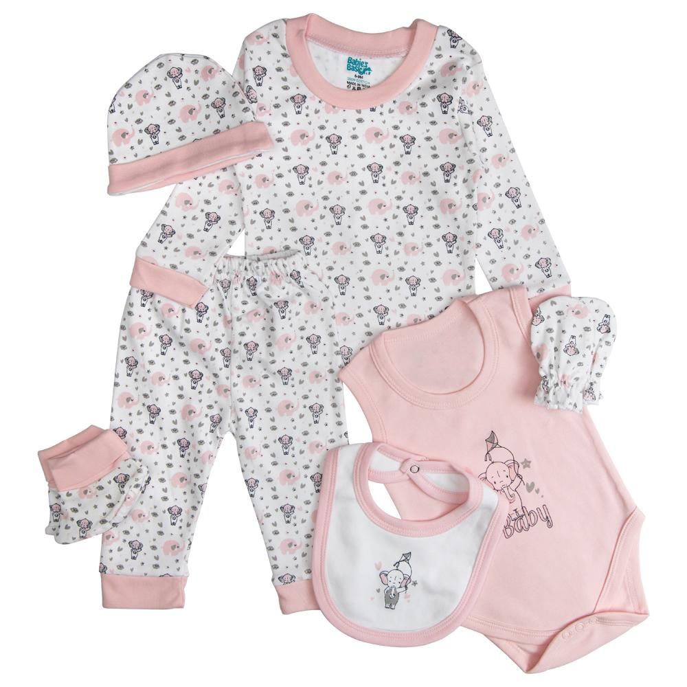 Babies Basic - 7pc Cotton Set - Bib, Romper, Mittens, Socks, Cap, Top & Pyjama - Pink