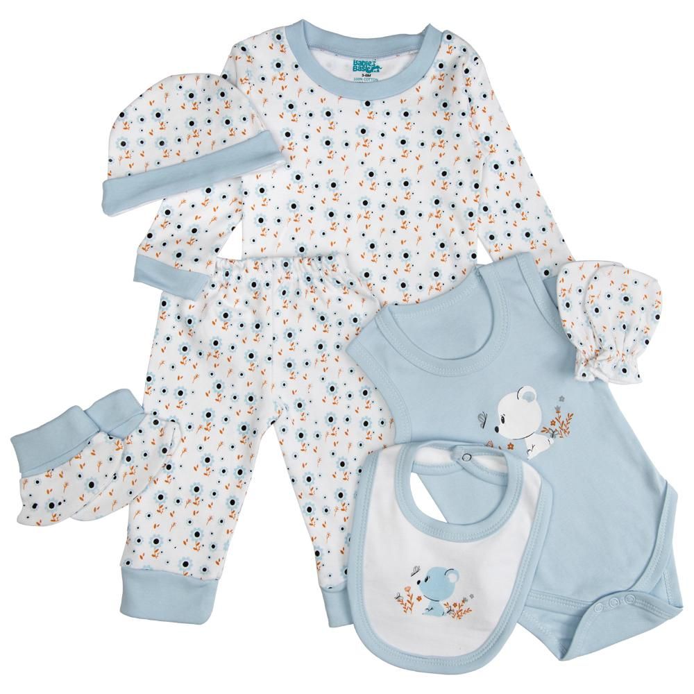 Babies Basic - 7pc Cotton Set - Bib, Romper, Mittens, Socks, Cap, Top & Pyjama - Blue