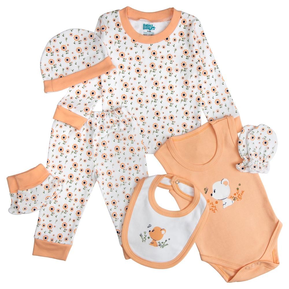 Babies Basic - 7pc Cotton Set - Bib, Romper, Mittens, Socks, Cap, Top & Pyjama - Peach