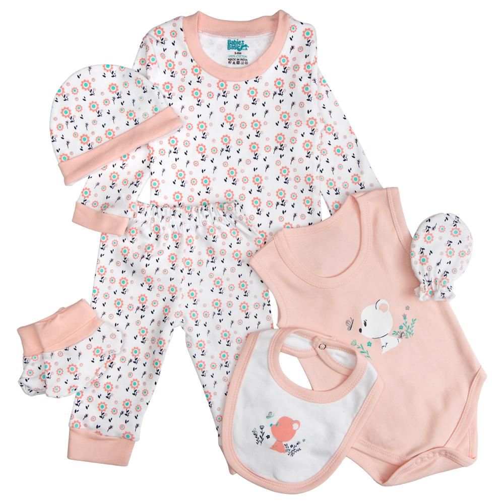 Babies Basic - 7pc Cotton Set - Bib, Romper, Mittens, Socks, Cap, Top & Pyjama - Pink