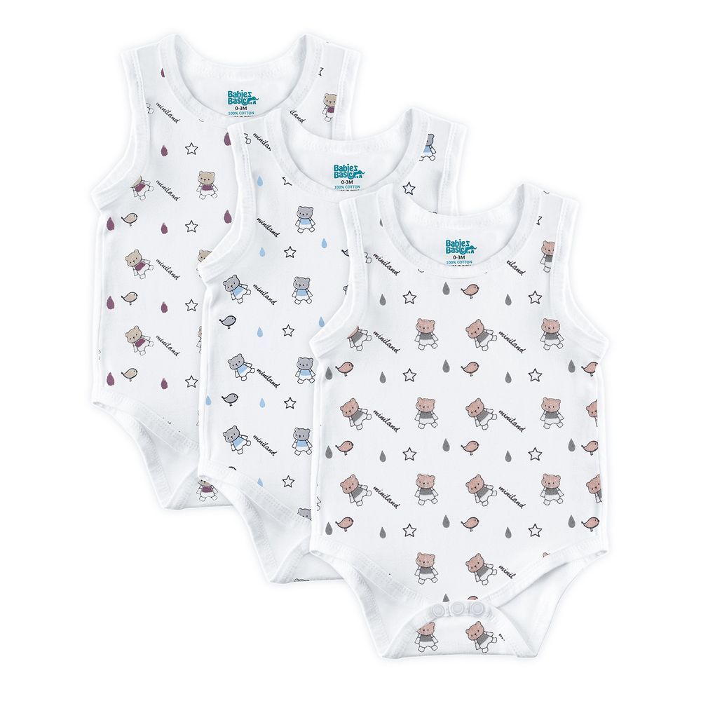 Babies Basic - 3pc-Set - Miniland Printed Sleeveless Romper - White