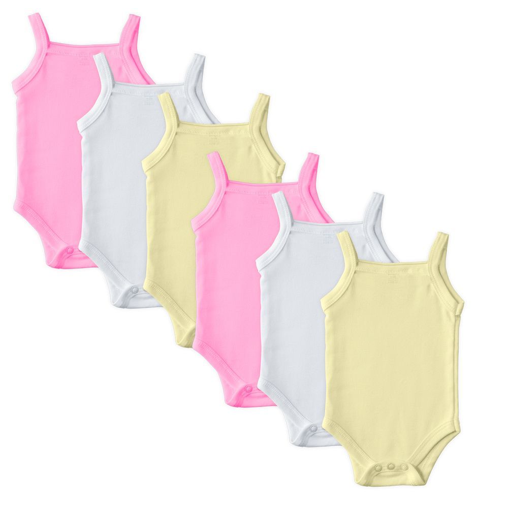 Babies Basic - 6pc-Set - Girl's Sleeveless Romper - Pink/Yellow/White