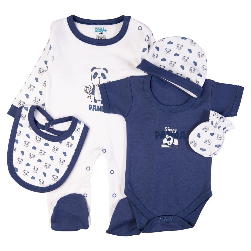 Babies Basic - 5pc Set - Bib, Romper, Mittens, Cap & Sleepsuit - Sleepy Panda - Blue