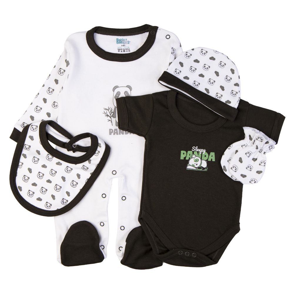 Babies Basic - 5pc Set - Bib, Romper, Mittens, Cap & Sleepsuit - Sleepy Panda - Green