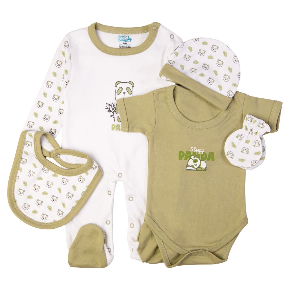 Babies Basic - 5pc Set - Bib, Romper, Mittens, Cap & Sleepsuit - Sleepy Panda - Pistachio