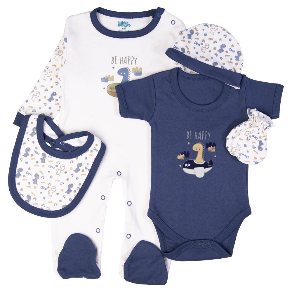 Babies Basic - 5pc Set - Bib, Romper, Mittens, Cap & Sleepsuit - Be Happy - Airforce Blue