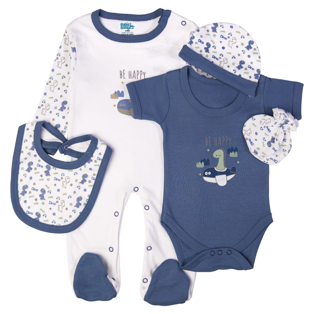 Babies Basic - 5pc Set - Bib, Romper, Mittens, Cap & Sleepsuit - Be Happy - Dark Blue