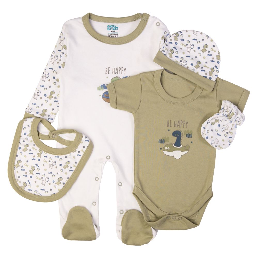 Babies Basic - 5pc Set - Bib, Romper, Mittens, Cap & Sleepsuit - Be Happy - Pistachio