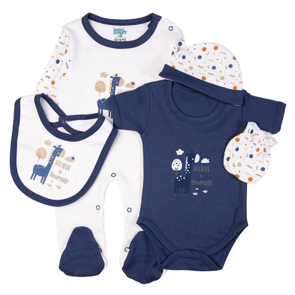 Babies Basic - 5pc Set - Bib, Romper, Mittens, Cap & Sleepsuit - Believe in Yourself - Blue