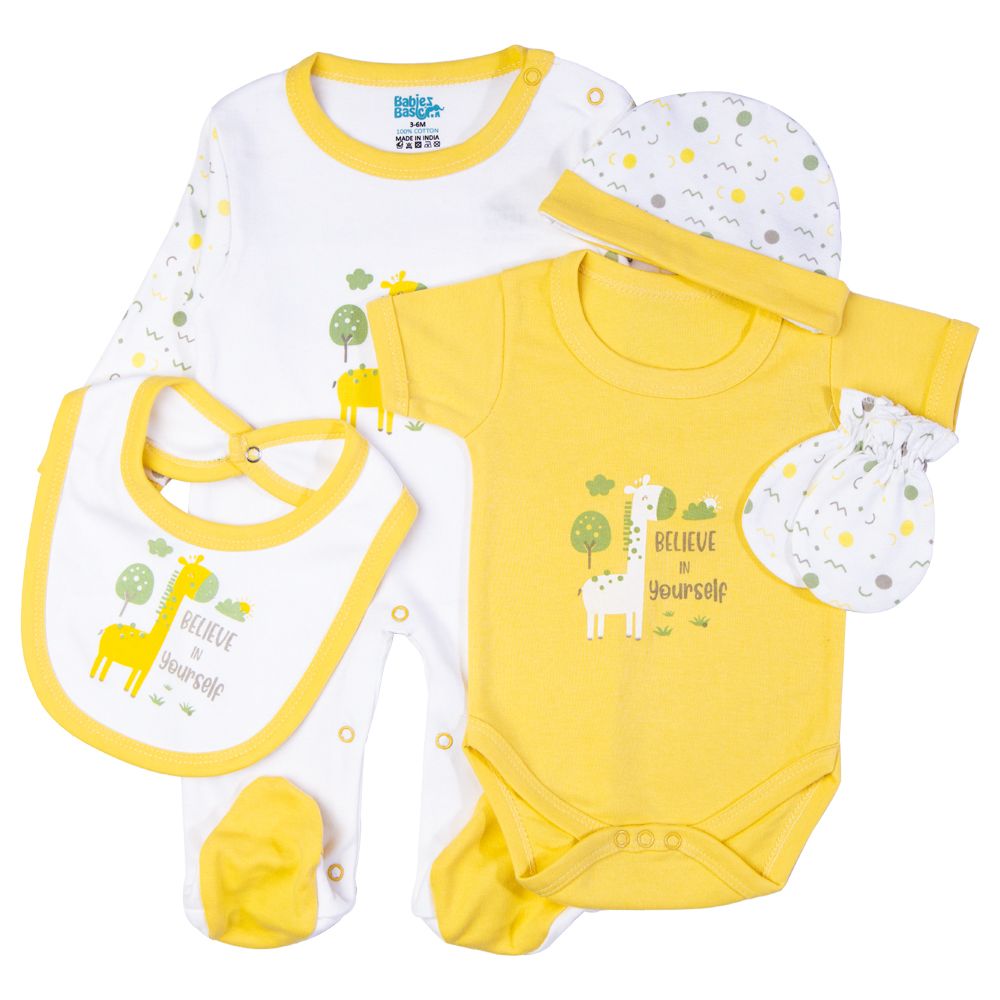 Babies Basic - 5pc Set - Bib, Romper, Mittens, Cap & Sleepsuit - Believe in Yourself - Lemon