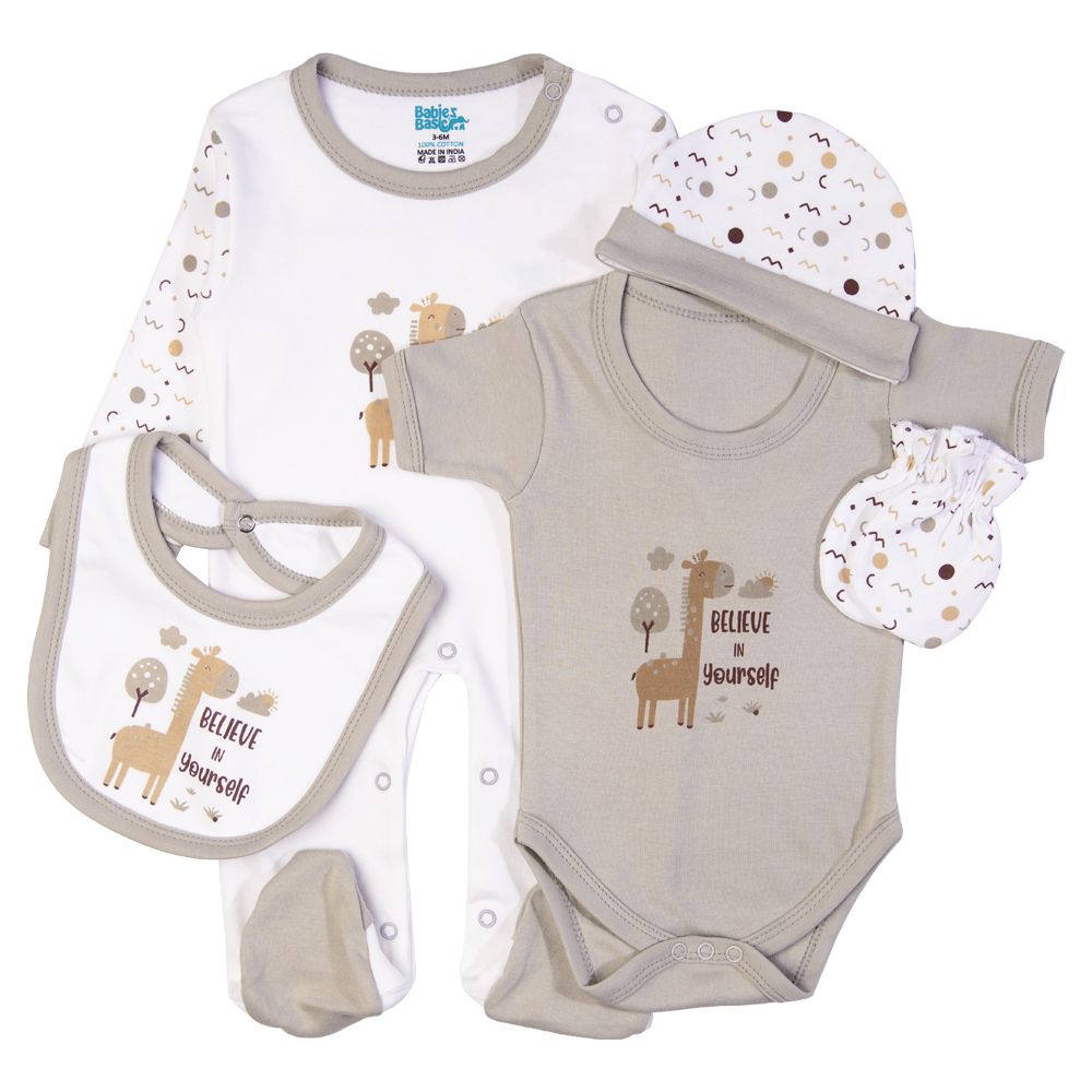 Babies Basic - 5pc Set - Bib, Romper, Mittens, Cap & Sleepsuit - Believe in Yourself - Grey