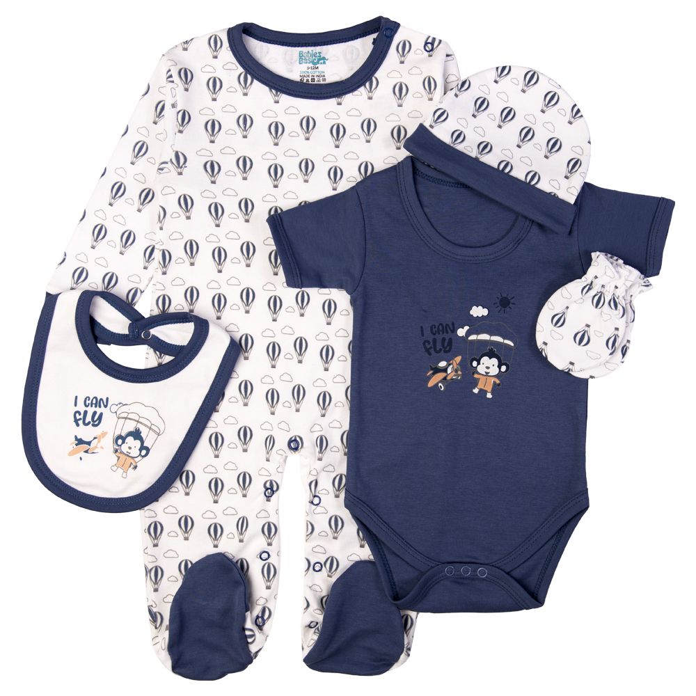 Babies Basic - 5pc Set - Bib, Romper, Mittens, Cap & Sleepsuit - I can Fly - Blue