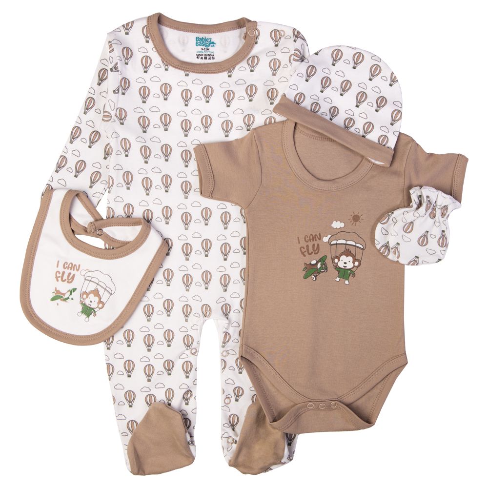 Babies Basic - 5pc Set - Bib, Romper, Mittens, Cap & Sleepsuit - I can Fly - Grey