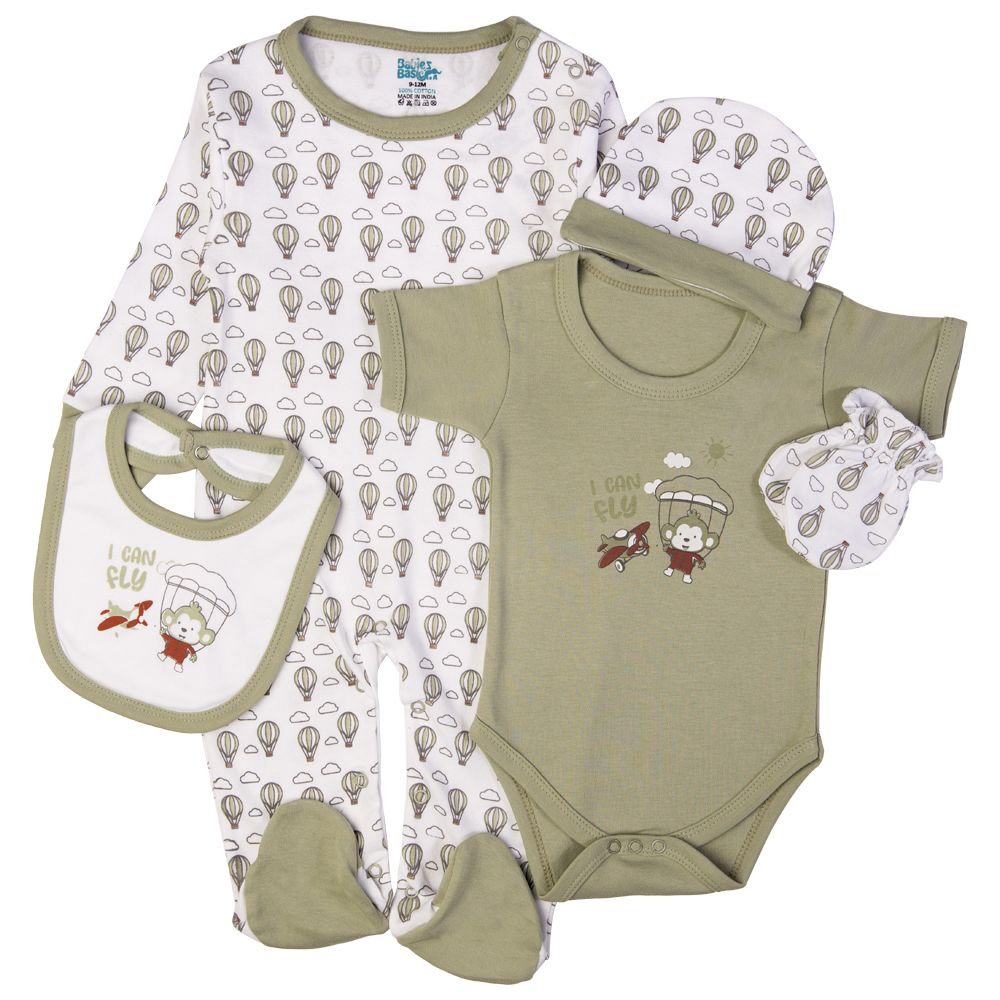 Babies Basic - 5pc Set - Bib, Romper, Mittens, Cap & Sleepsuit - I can Fly - Pistachio