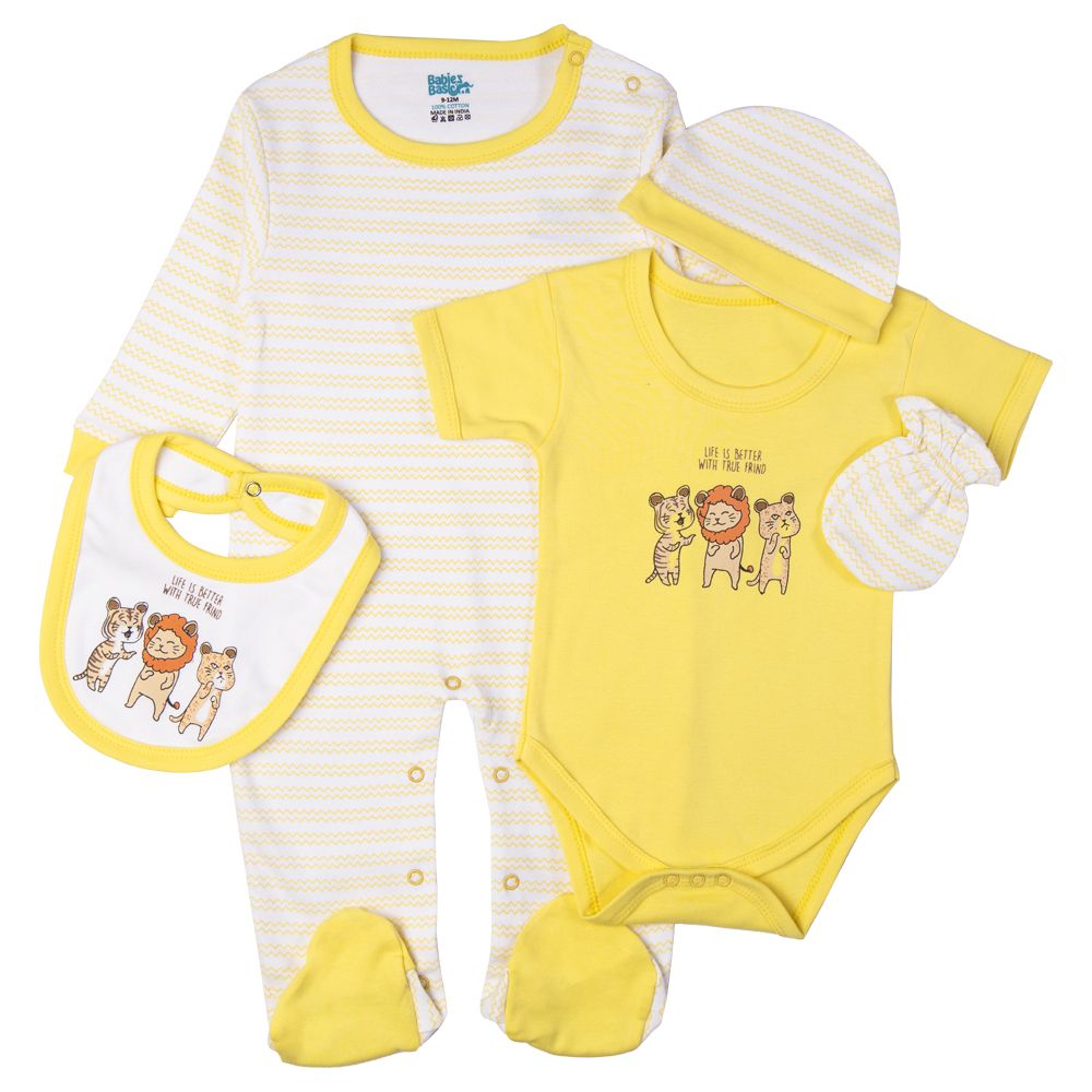 Babies Basic - 5pc Set - Bib, Romper, Mittens, Cap & Sleepsuit - Life is Better - Lemon