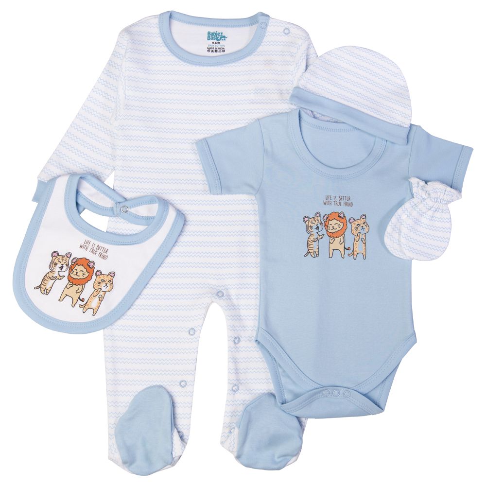 Babies Basic - 5pc Set - Bib, Romper, Mittens, Cap & Sleepsuit - Life is Better - Sky Blue