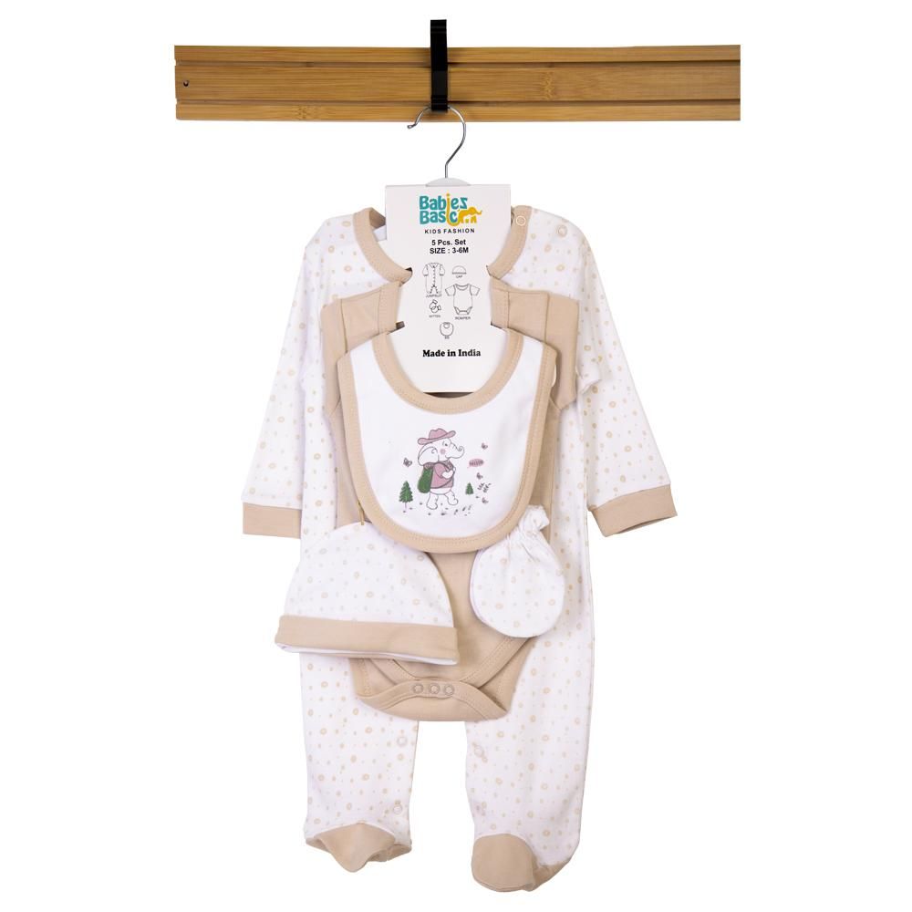 Babies Basic - 5pc Set - Bib, Romper, Mittens, Cap & Sleepsuit - Be Brave - Beige