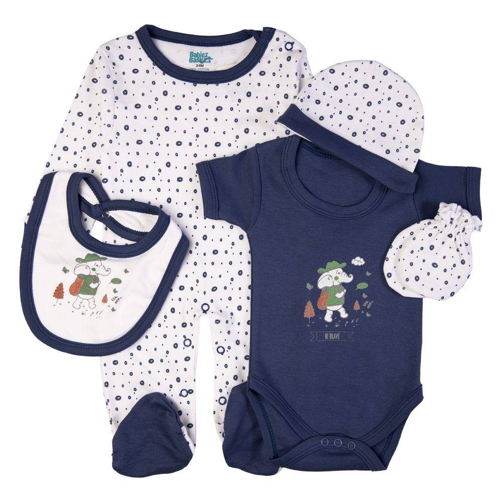 Babies Basic - 5pc Set - Bib, Romper, Mittens, Cap & Sleepsuit - Be Brave - Airforce Blue