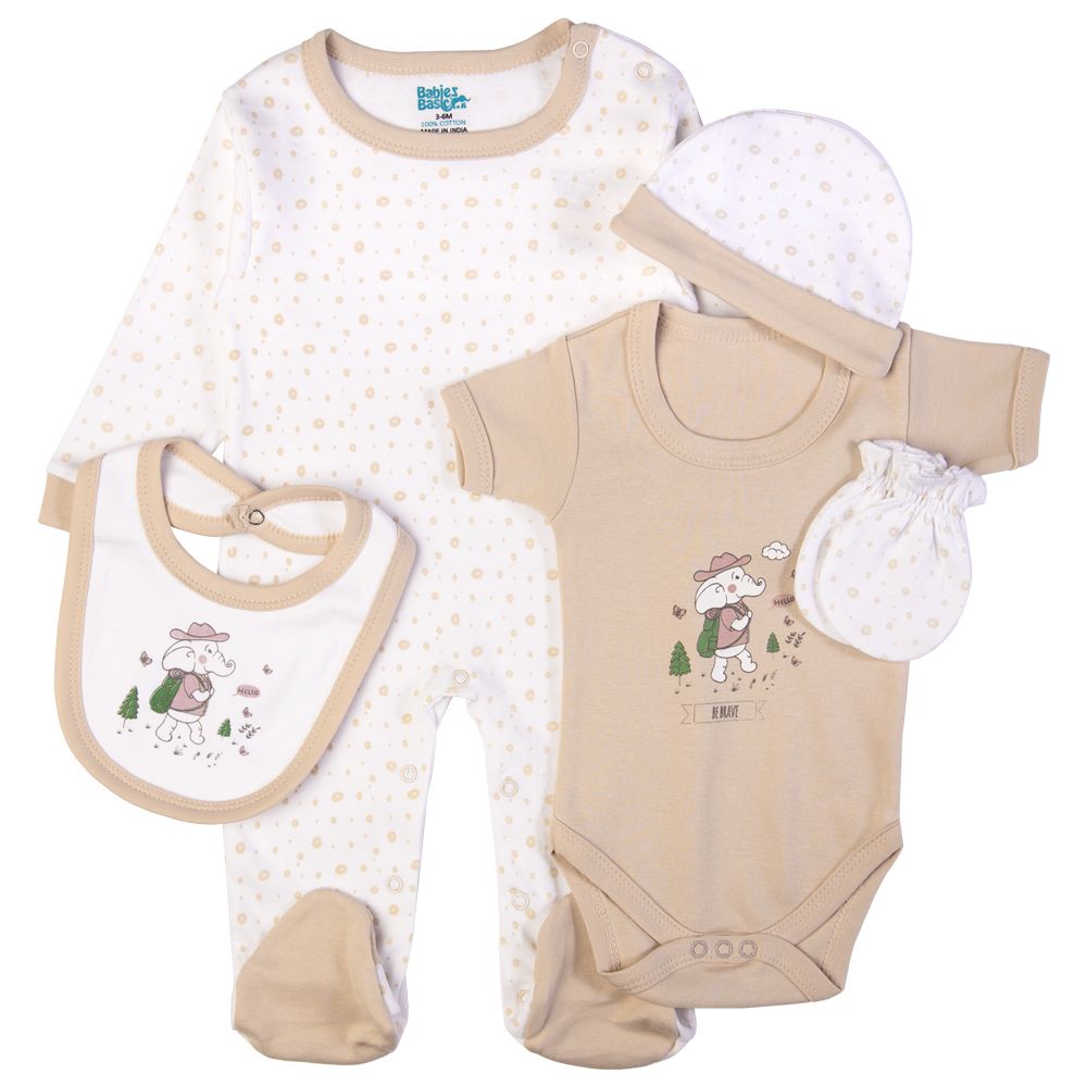 Babies Basic - 5pc Set - Bib, Romper, Mittens, Cap & Sleepsuit - Be Brave - Beige